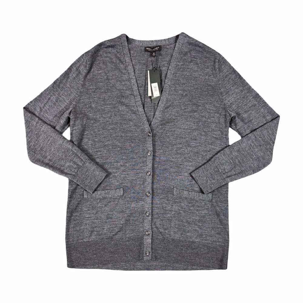 Banana Republic Women’s Sweater M Gray Knit V-Neck Button 100% Wool Cardigan